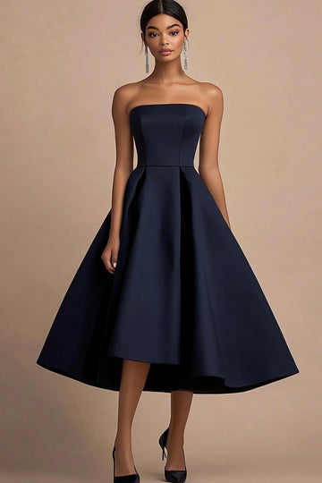 Navy Strapless A Line Satin Midi Formal Dress